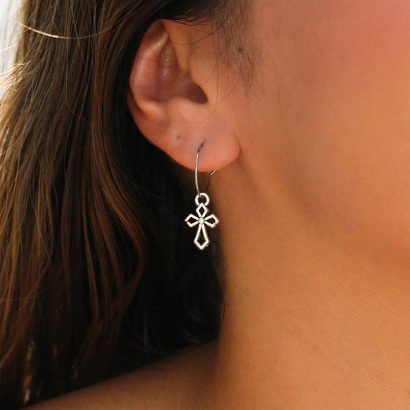 Hollow Gothic Cross Small Wire Hoop Stainless Steel Earrings - Picture 3 of 3